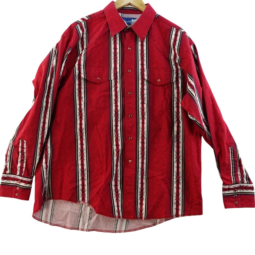 Vintage Wrangler Mens XL‎ Brush Popper Pearl Snap Red Striped Long Sleeve Cowboy